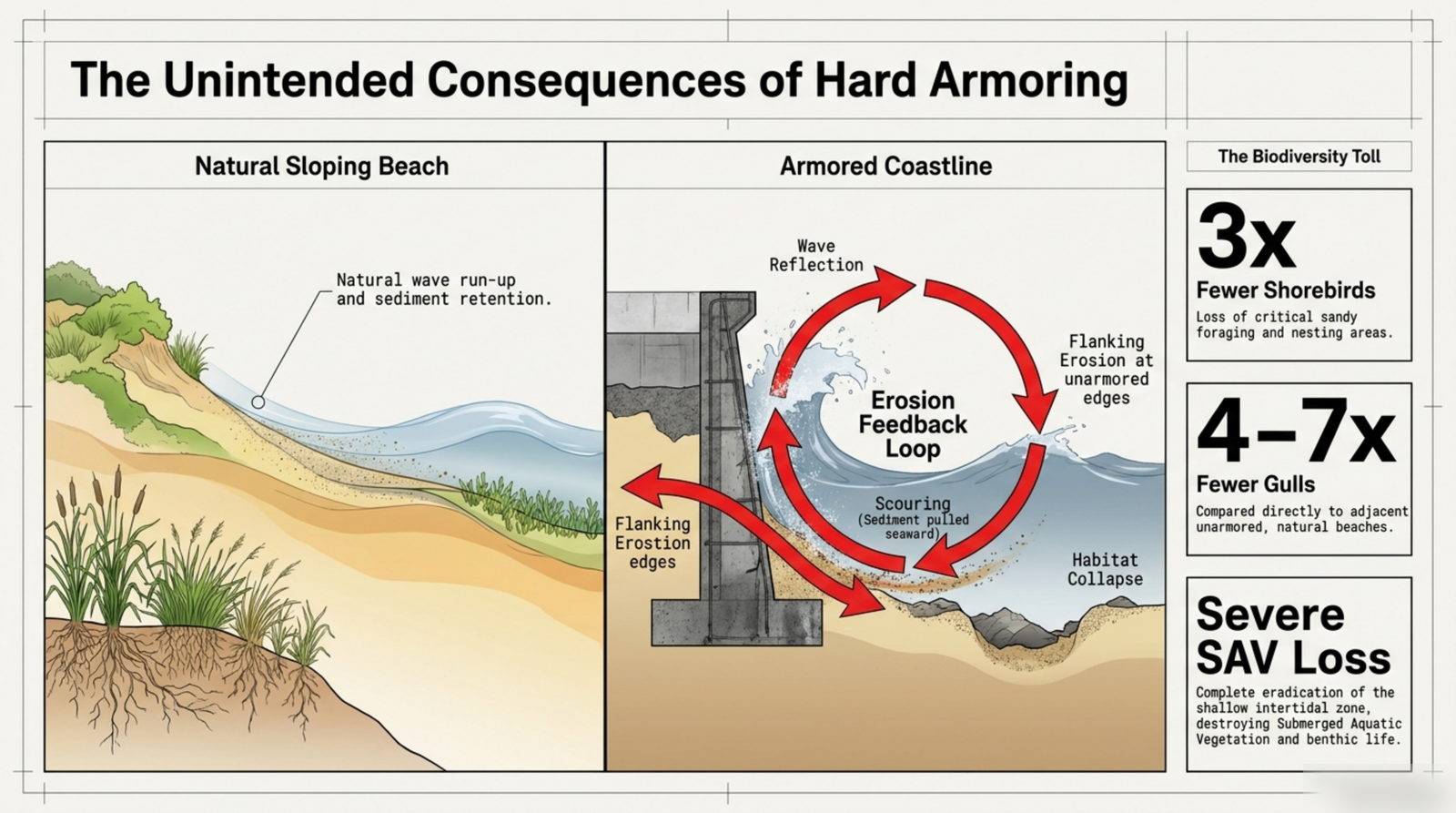 The biodiversity toll of hard armouring: fewer birds, less shallow-water habitat