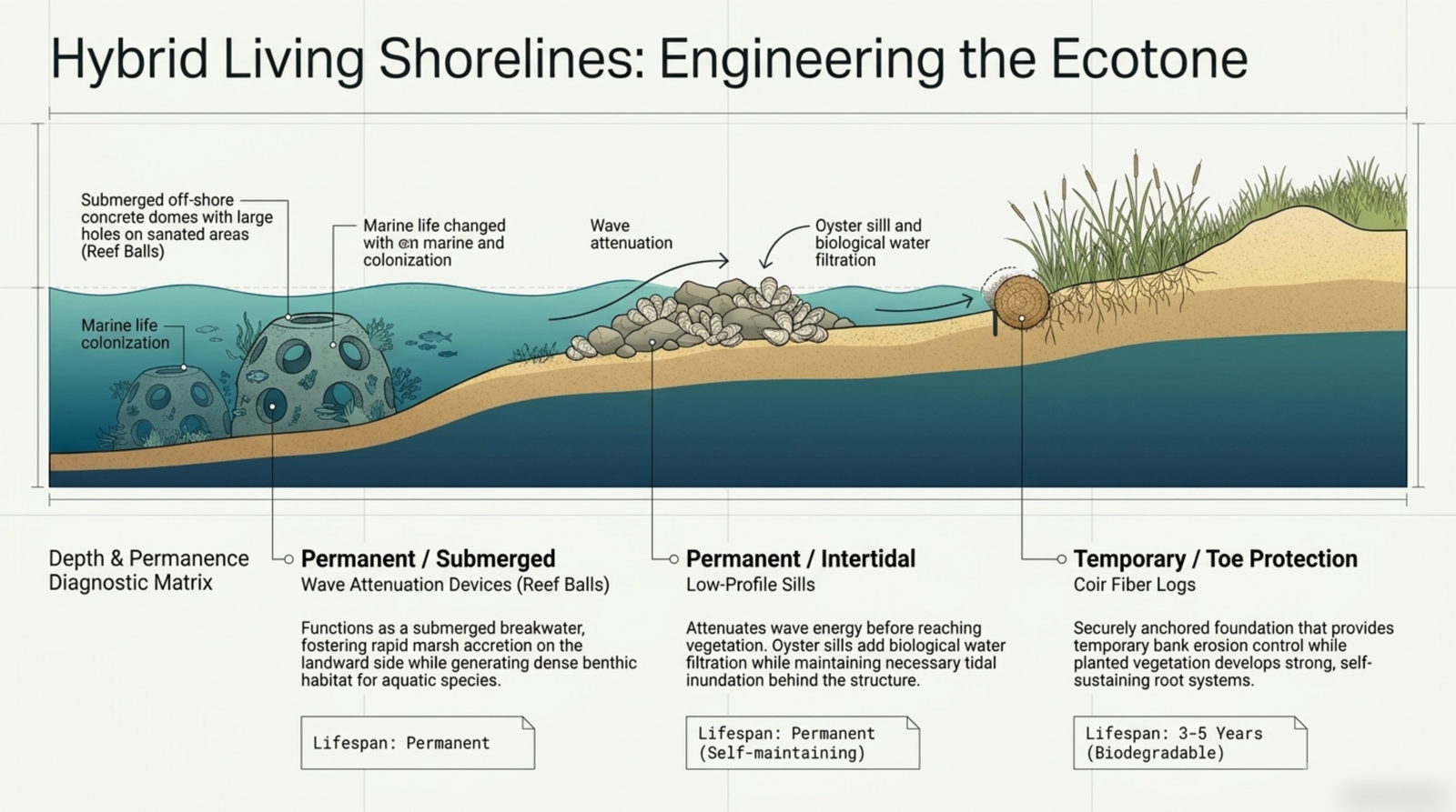 Hybrid living shorelines: sills, reef structures and temporary stabilisation